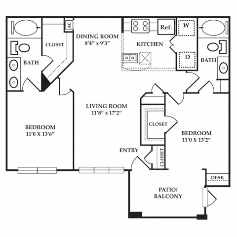 Floor plan for 2 beds, 2 baths, 1076 sqft